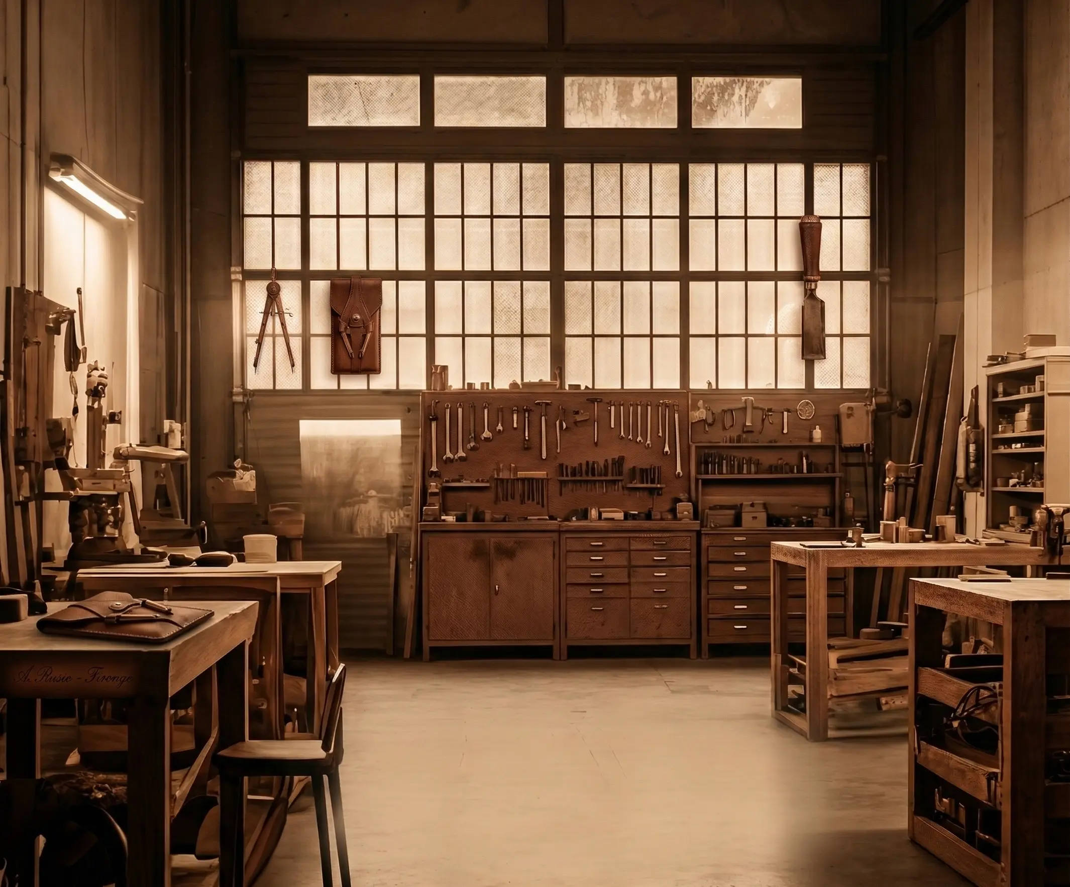 Wide cinematic architectural shot of the elegant ERREXCA leather atelier featuring vintage wooden workbenches