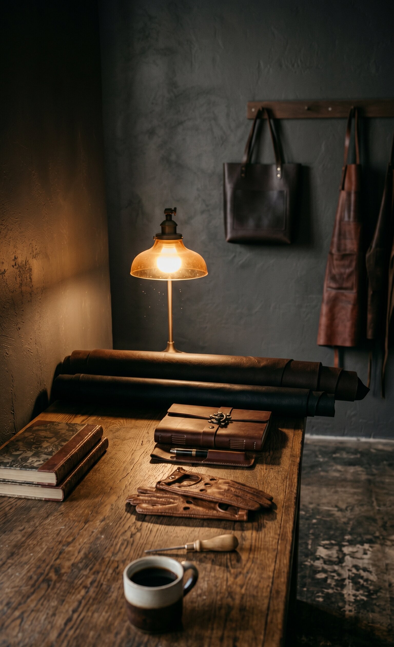Leather workshop table with tools