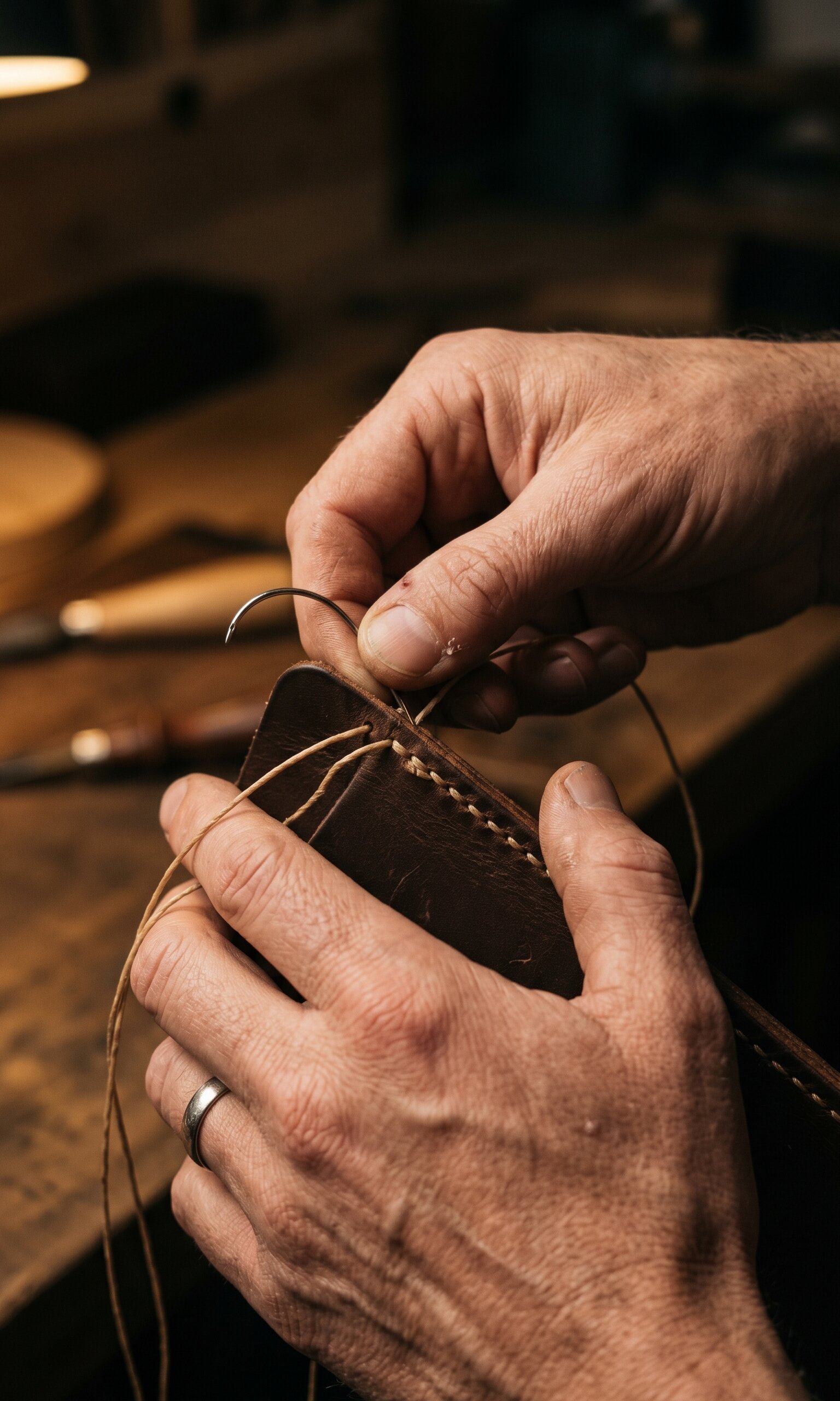 Artisan performing the saddle stitch