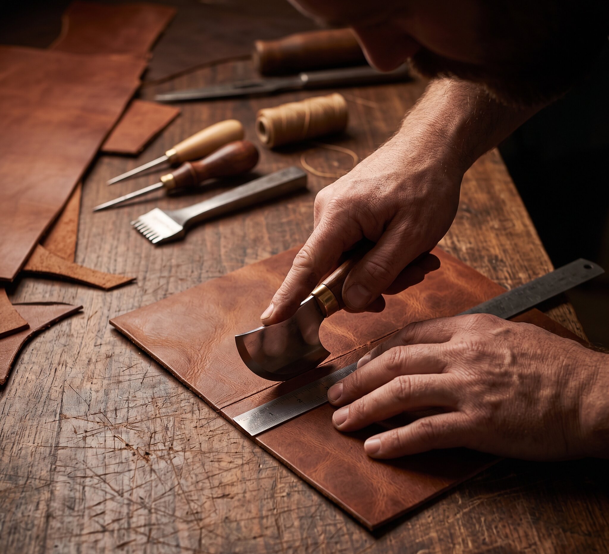Hand stitching leather with needle and thread