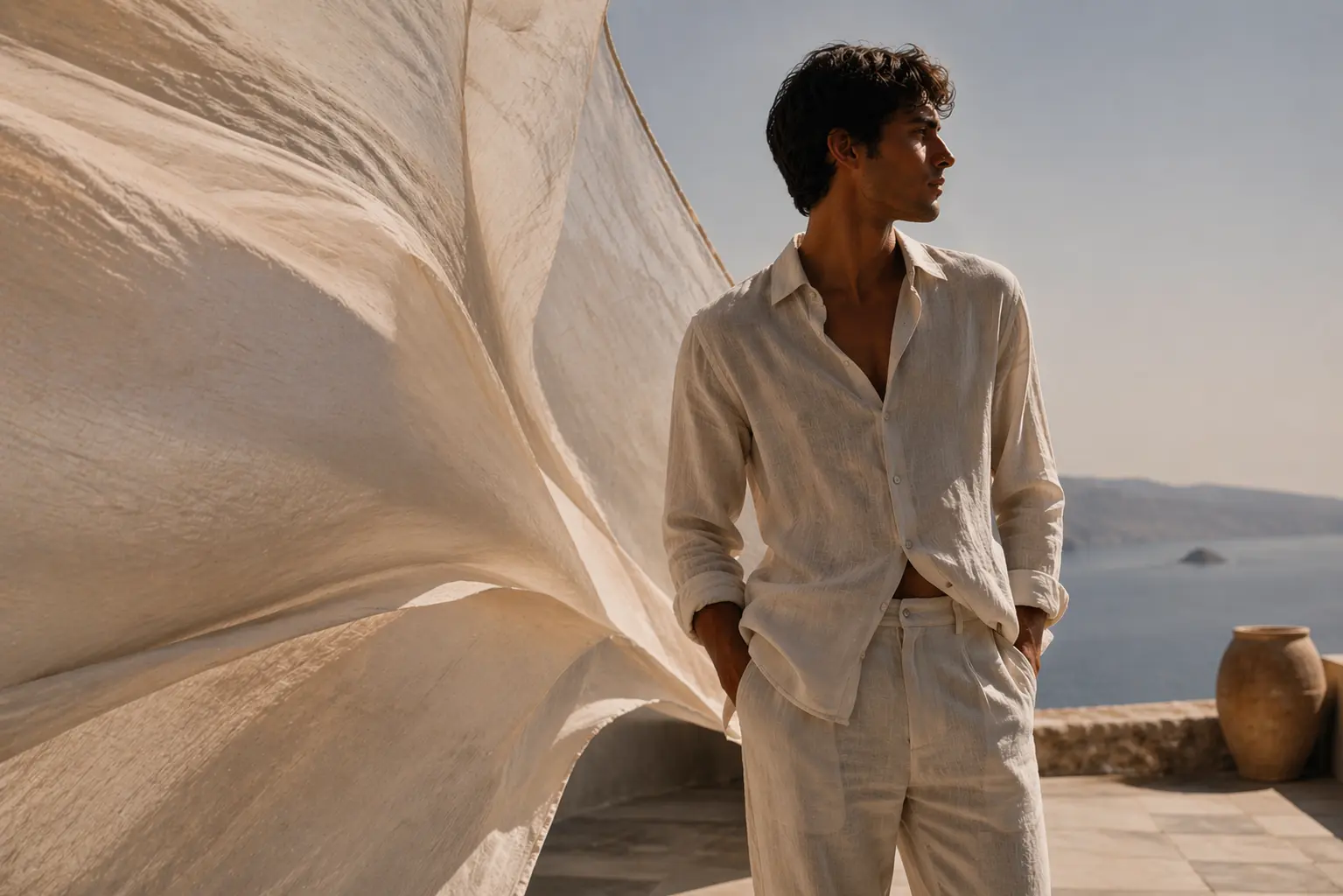 Architectural drape of ERREXCA Naturals Men's sustainable linen