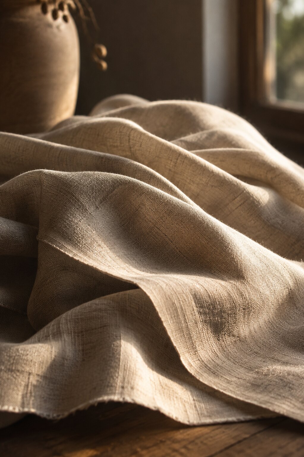 Natural linen fabric captured in soft light showing movement and air